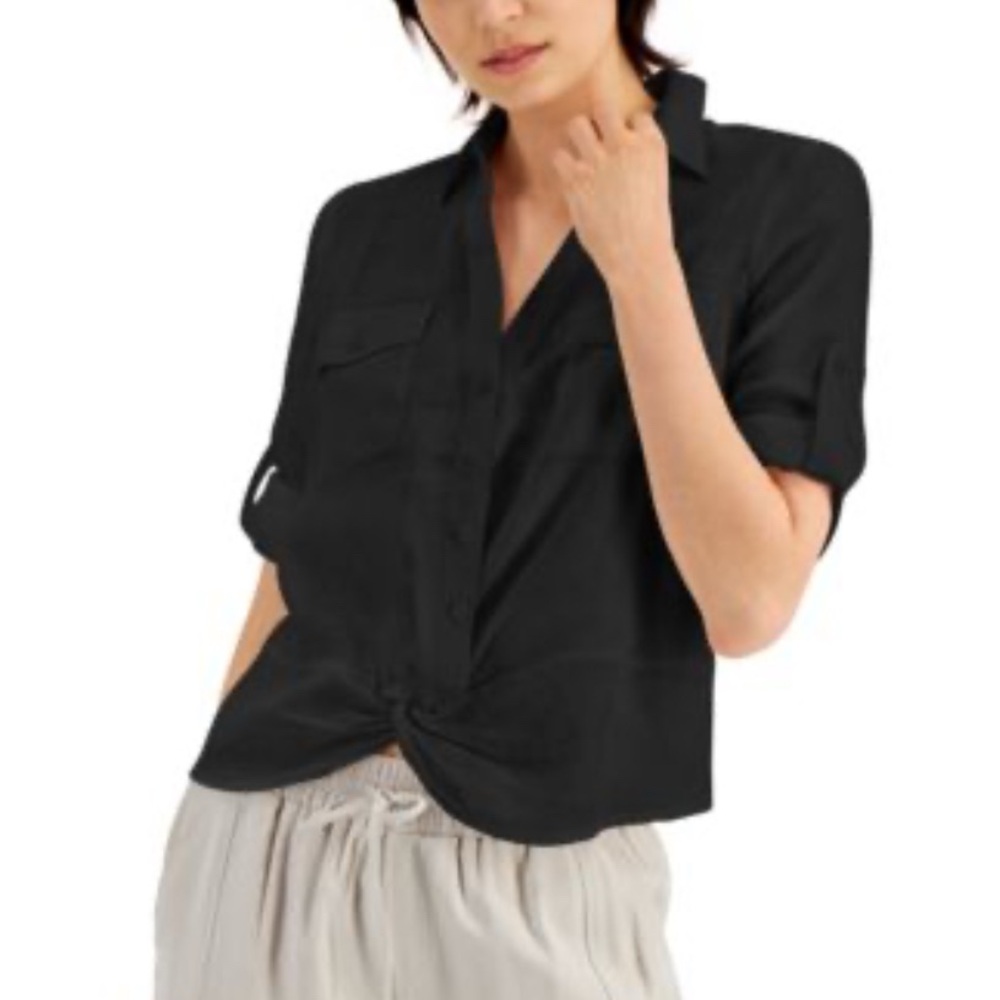 I.N.C International Concept Linen Blouse with Twist Tie